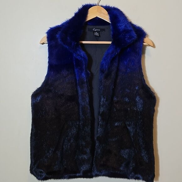 Cejon Black Blue Faux Fur Vest Steam Punk Goth Grunge Chic Rocker Ombre Size M - Picture 1 of 14